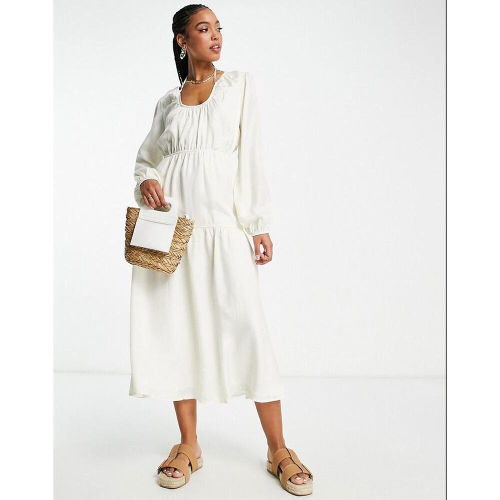 TOPSHOP Women’s Cream Maxi Dress Long Sleeve Tie Front and Tie Back